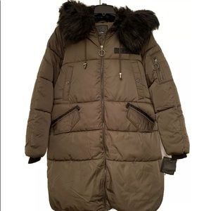 Steve Madden Wms Faux Fur Olive Gr Puffer Coat M